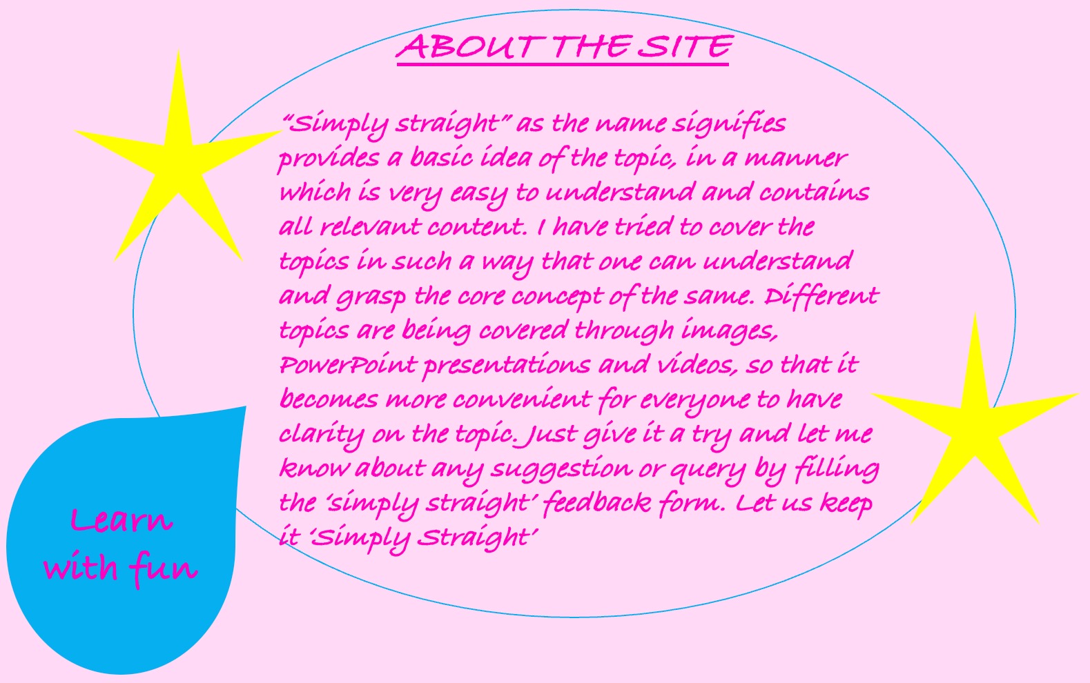 Simply Straight as the name signifies provides a basic idea of the topic, in a manner which is very easy to understand and contains all relevant content. I have tried to cover the topics in such a way that one can understand and grasp the core concept of the same. Different topics are being covered through images, PowerPoint presentations and videos, so that it becomes more convenient for everyone to have clarity on the topic. Just give it a try and let me know about any suggestion or query by filling the ‘simply straight’ feedback form. Let us keep it ‘Simply Straight’